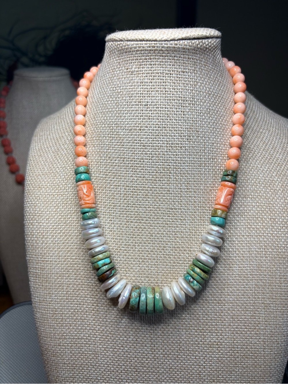 Carved Angel-skin Coral & Turquoise Pearl Necklace - Picture 2 of 3
